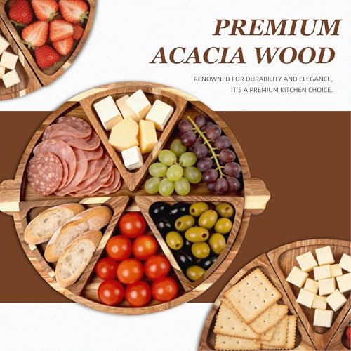 YUBAMIN Acacia Wood Serving Tray with Handles, Round Charcuterie Boards with 6 Detachable Pizza Trays, Wooden Decorative Tray for Party, Coffee Table Tray for Home Decor, Bathroom, Kitchen Counter — view 2