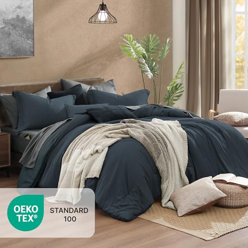 Monbix Queen Comforter Set - 7 Pieces Cationic Dyeing Navy Blue Bed in a Bag Queen Bedding Sets with Comforter, Sheets, Pillowcases & Shams, Reversible Bedding Comforters Sets