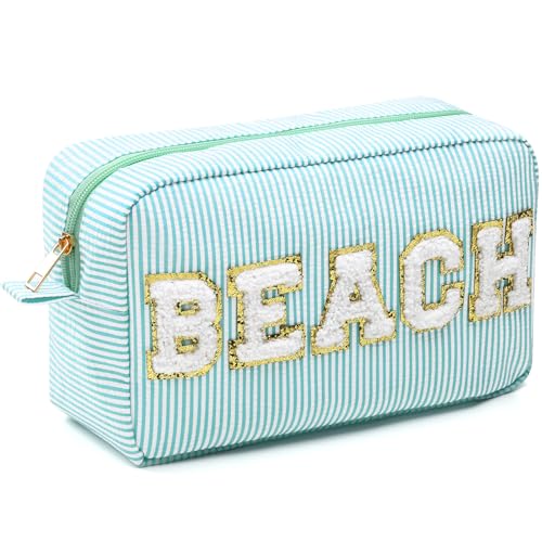 Sanwuta Seersucker Cosmetic Bag Beach Makeup Bag Chenille Letter Stripe Beach Pouch for Women Large Preppy Storage Pouch Toiletry Travel Organizer Essentials for Travel