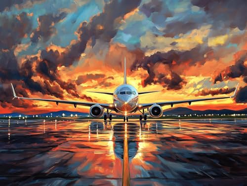 DIY Airplane at an Airport During Sunset Diamond Painting 12x16 Inch, Full Round Drill Kits Mosaic Art for Adults Relax & Home Wall Decor Festival Gift 165