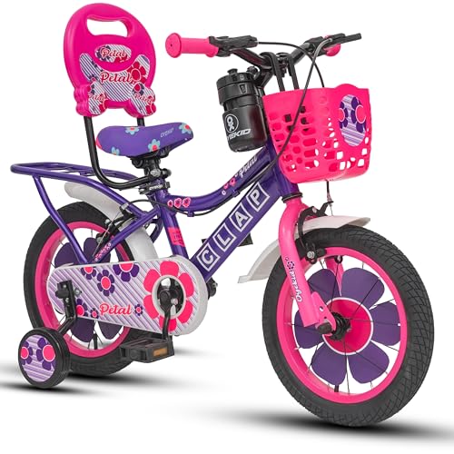 Image of OYEKID Petal 14T Kids Bicycle with Training Wheels | Backrest, Basket & Full Chain Cover | Ideal for Girls Aged 3-5 Years (Purple-Pink, 14T)