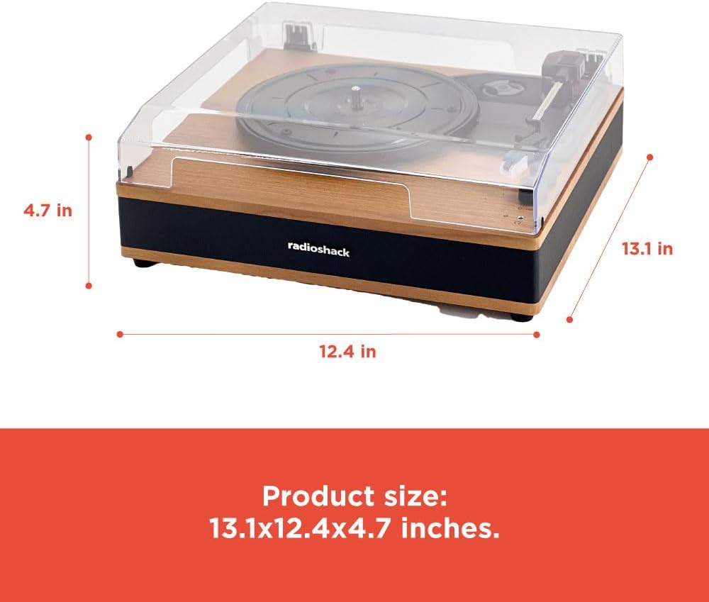 RadioShack Retro Turntable with Bluetooth Input and Output, 3-Speed Vinyl Playback, Built-in Speakers, RCA and AUX Output, Transparent Dust Cover, Model 4001797