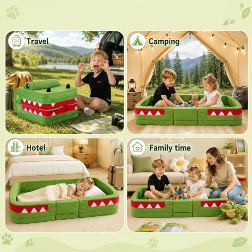 BABAMU Toddler Travel Bed Crocodile Style Camping Cot Kids Beds Portable Floor Bed Foldable Soft Foam Washable Cover Toddler Cot with Safety Rail for Home/Travel Sleep — 사진 6