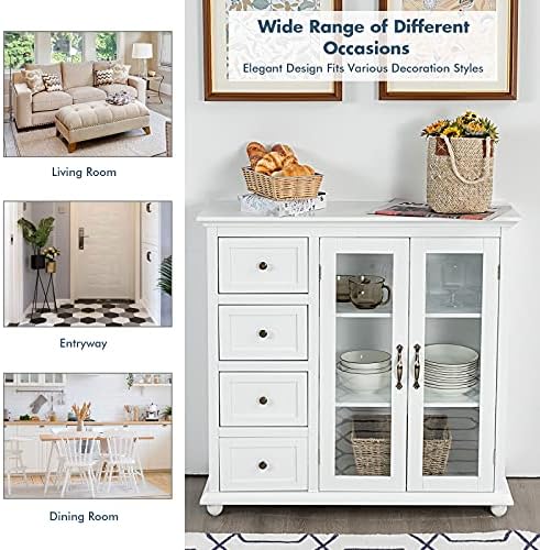 COSTWAY Buffet Sideboard, Wooden Storage Cabinet with 2 Glass Door, 4 Drawers, 3 Shelves and Anti-toppling Device, Console Pantry Cupboard for Kitchen Living Room Hallway (White)