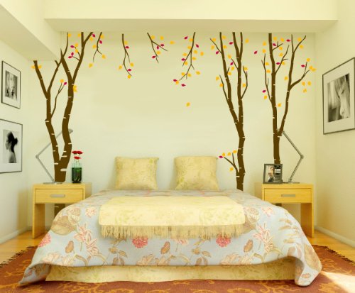 Innovative Stencils Large Wall Birch Tree Decal Forest Kids Vinyl Sticker Removable With Leaves Branches #1119 (84" (7 Ft) Tall, Black Trees - Green Leaves) #TOP3