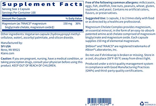 Klaire Labs Magnesium Chelate Complex - Hypoallergenic & Easy-to-Absorb 150 Milligrams Bisglycinate Chelate Blend, Bioavailable Formula (100 Capsules)