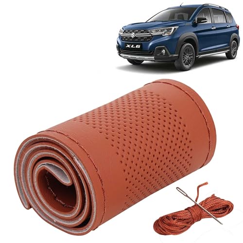 Image of KINGSWAY PU Leatherite Car Steering Cover Sewable Compatible with Maruti Suzuki XL6 (Year 2022 Onwards), Tan Color with Tan Thread, Pack of 1 with Sewing Needle and Thread