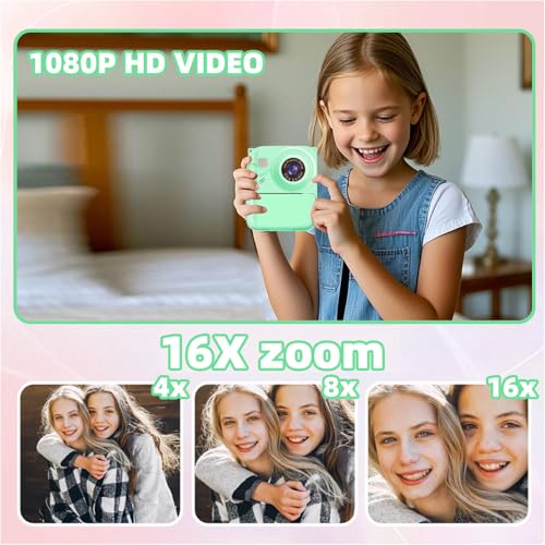 Image of Instant Print Camera for Kids, 1080P Video Camera with 3 Print Rolls | 32GB Card & Cute Cover, Gift for Girls Boys Age 3-12, Toddler Digital Camera with Games, Filters, Music - Green