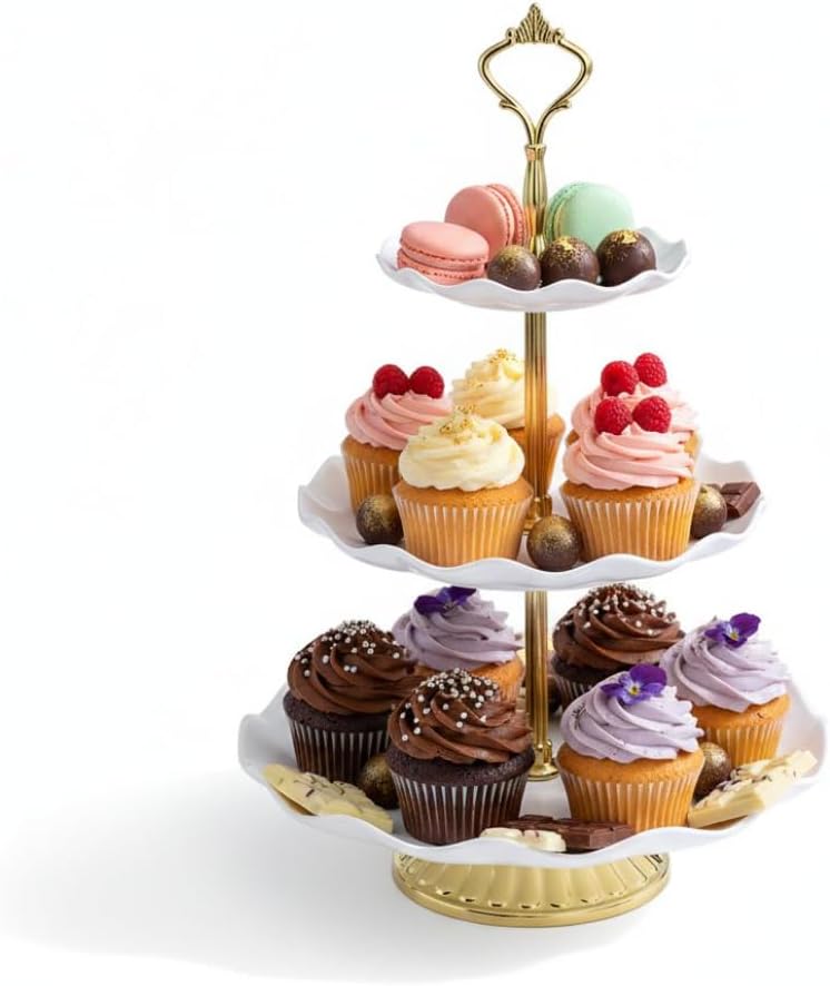 3 Tier Cake Stand with Gold Base – White PP Cupcake & Dessert Display Stand for Weddings, Parties, and Tea Time