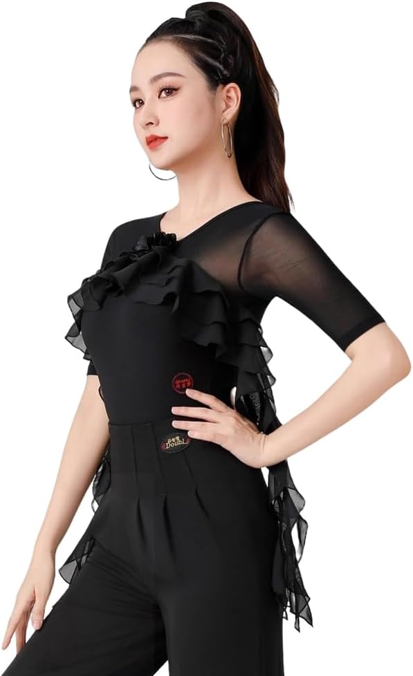 SusanSandyLi] ラテンダンス衣装 トップス Vネック 社交ダンス 練習着