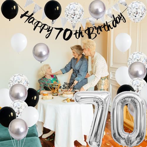 Image of 70th Birthday Decorations for Men, Black Silver 70th Birthday Balloons with Black Happy 70th Banner 70 Cake Topper Decoration Number 70 Balloon for Women 70th Party Decor