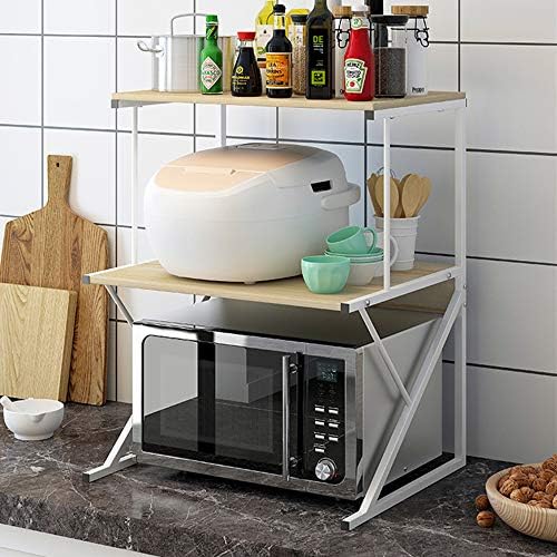 2 Tier Kitchen Countertop Microwave Oven Unit Shelving Stand Rack for Household Storage Organizer, Home Office Desktop Shelf Printer Rack Free Standing Metal Frame Wood Tabletop