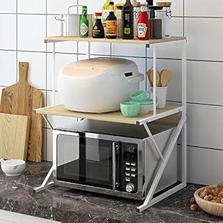 2-Tier Kitchen Baker's Rack, Microwave Oven Rack Kitchen Counter Storage Organizer, Wood Kitchen Shelf Rack with 1 Drawer (White)