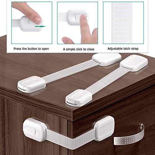 16 Pack Vmaisi Multi-Use Adhesive Straps Locks - Childproofing Baby Proofing Cabinet Latches for Drawers, Fridge, Dishwasher, Toilet Seat, Cupboard, Oven,Trash Can, No Drilling (White) (16)