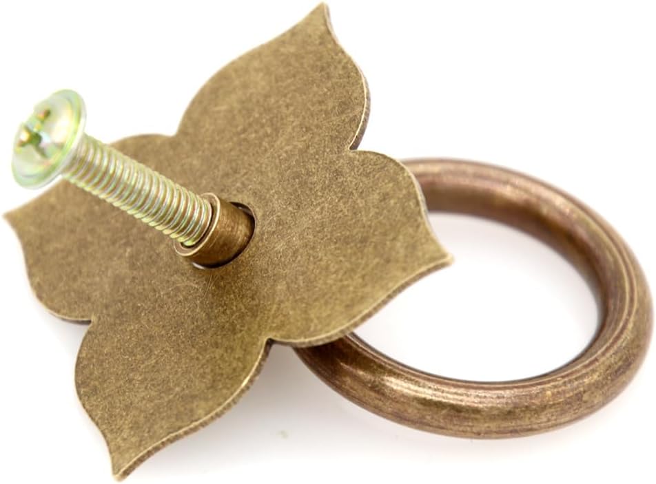 LXZ 6 PCs Vintage Antique Brass Ring Pulls with Four-Leaf Clover Shaped Base - Pure Brass Cabinet Hardware- Ring Size 1.2" (3 cm)