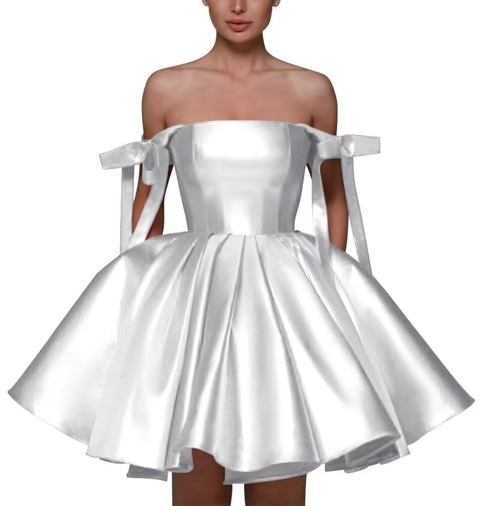 DMOMOG Satin Homecoming Dresses for Teens with Pockets Spaghetti Straps A Line Short Prom Dress Evening Wedding Gown