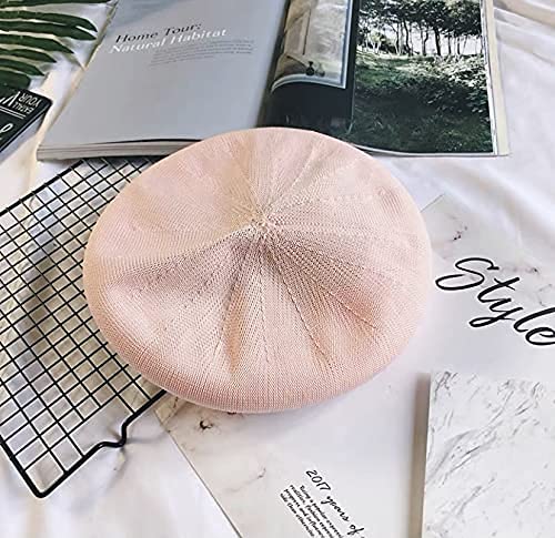 Gllutt Summer Knitted Thin Beret Hat for Women Size Adjustable French Style Solid Color (Thin Pink)