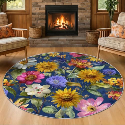 Sunflower Round Rug 8ft, Low Pile, Room Essentials