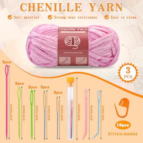 Image of LUNARM Chenille Yarn 3 Pack 3.5oz Chunky Blanket Velvet Yarn 263 Yard | Light Pink Chunky Chenille Yarn for Beginners Crocheting Hand Knitting Scarves with Big Eye Needles Machine Washable
