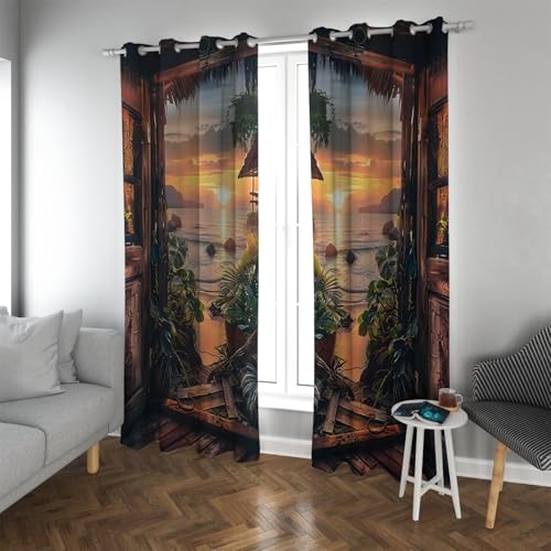 UIRINGART Playa Amanecer Vacaciones Cortinas Opacas Plantas Verdes Cortinas con Aislamiento térmico Cortinas de Ventana insonorizadas para Dormitorio Sala de Estar 2 Paneles H210xB132