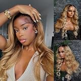 Honey Blonde Wig Human Hair 13x6 Lace Front Wigs Human Hair Body Wave 4T27 Brown Roots Blonde Wig Human Hair Pre Plucked 28 Inch Ombre Lace Front Wigs for Black Women 180% Density HD Lace Frontal Wig