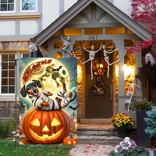 Image of Happy Halloween Garden Flags 12x18 Inch Vertical Double Sided Skeleton Dachshund Dog Garden Flag Small Yard Pumpkin Flag for Outdoor Decor Outside Decoration Banner