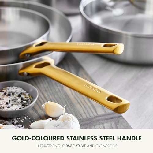 GreenPan Padova 6-Piece Stainless Steel Cookware Set with Glass Lids, Saucepans and Stockpot, Triple Induction Safe, Gold Stainless Steel Handle, Oven Safe up to 220°C, Dishwasher Safe, Silver