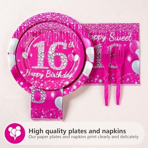 Image of Grencian 96 Pcs Hot Pink 16th Birthday Party Supplies for Girls, Serves 24 | Hot Pink Sixteenth Birthday Plates and Napkins Tableware Sets for Girls Happy 16 Year Old Birthday Party Favors