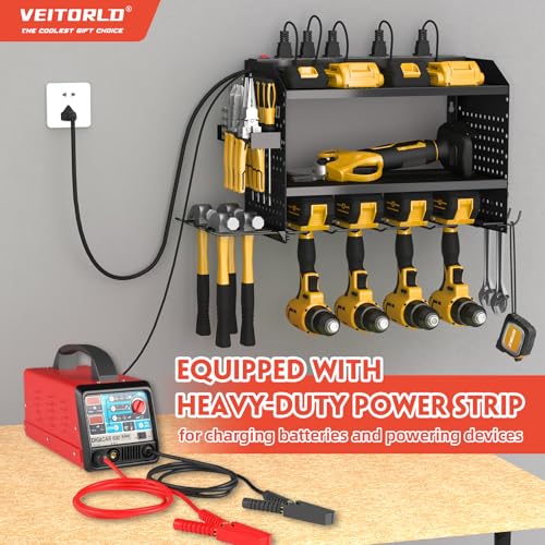 Power Tool Organizer with Charging Station, Gifts for Men Dad Husband Him Fathers Day, Wall Mount Garage Shelving with 6 Drill Holder, Garage Storage Built in 8 Outlet Power Strip,Battery Organizer by Veitorld - Image 3