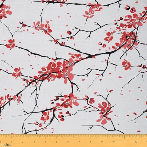 Homewish Tissu de Fleurs de Cerisier au Mètre 276x150 cm, Tissu D'Ameublement de Style Japonais, Tissu Décoratif Floral Romantique, Tissu Imperméable de Branches de Fleurs Aquarellées, Rouge Noir