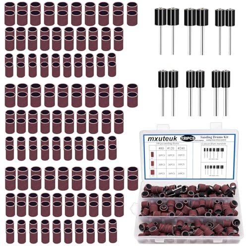 mxuteuk Sanding Drum Set,Including 138 Pieces Aluminum Oxide 80 120 240Grit Drum Sander Sanding Sleeves and 12 Pieces Drum Mandrels for Dremel Rotary Tool,Sanding Drums with Box
