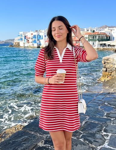 Image of ZESICA Womens Summer Striped T Shirt Mini Dresses 2026 Casual Lapel V Neck Short Sleeve Flowy A Line Beach Vacation Dress