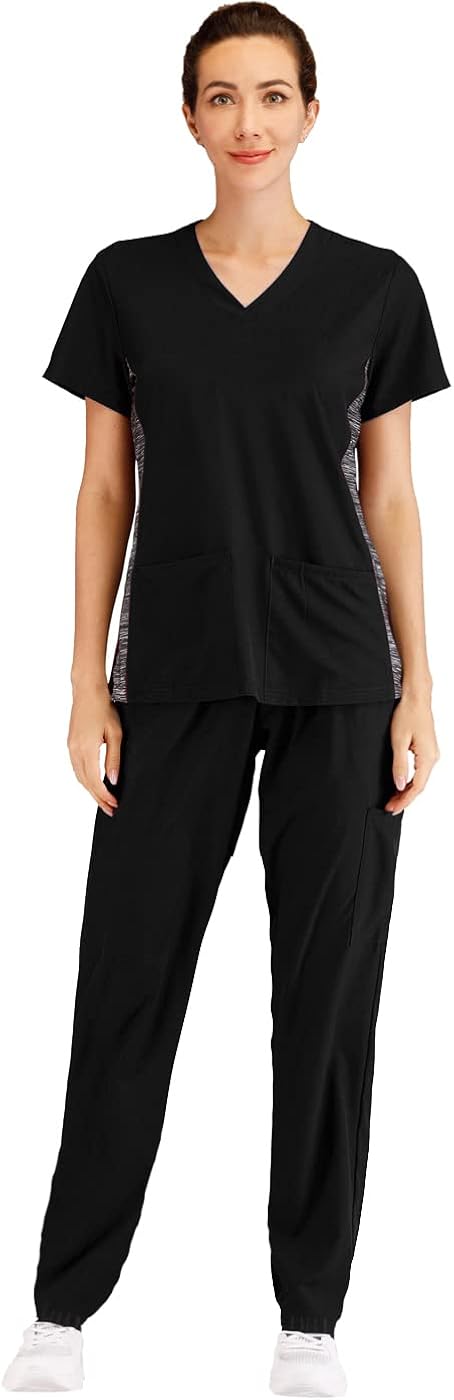 Minty Mint Women's Solid Stretch Medical Uniform Scrub Set V Neck Top Cargo Tapered Jogger Pants