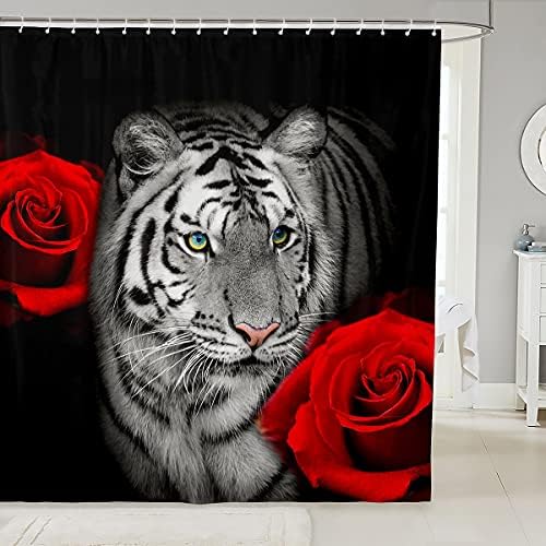 Cool White Tiger Shower Curtain Teens Adults Red Rose Flower Strong White Tiger Room Decor Bath Curtain Fierse Wild Animal Bathroom Accessories Waterproof Panel 12 Pack Hooks,72 W x 72 L