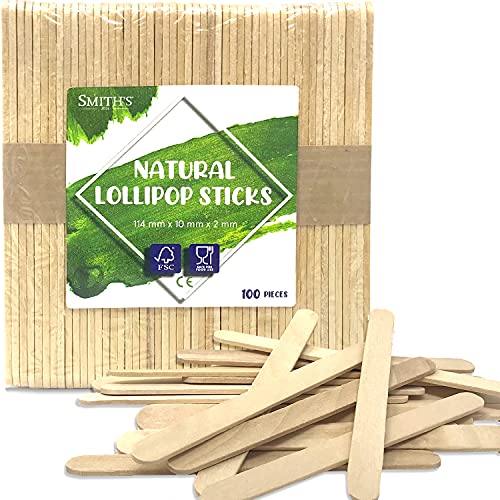 Image of Smith’s® 100 Natural Lollipop Sticks | 114 x 10 x 2mm | Popsicle, Wooden Lollypop, Ice Lolly, Lollies | Food Safe, FSC Certified, FDA & CE Compliant | Smooth Edges | No Splinters!