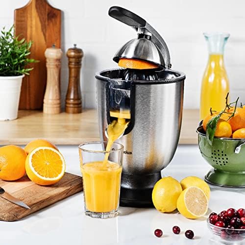 Eurolux ELCJ-1700 Electric Citrus Juicer Squeezer, for Orange, Lemon, Grapefruit, Stainless Steel 160 Watts of Power Soft Grip Handle and Cone Lid for Easy Use
