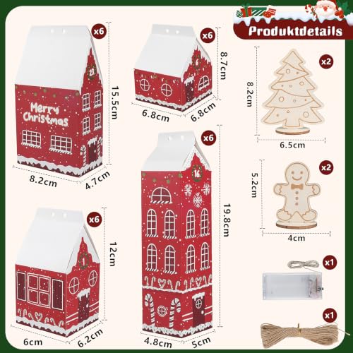 Adventskalender zum Befüllen Rot – 24 Weihnachtshäuser-Geschenkboxen mit LED-Lichterkette, Weihnachtsdorf-Häuser für Weihnachtsdeko - image 3