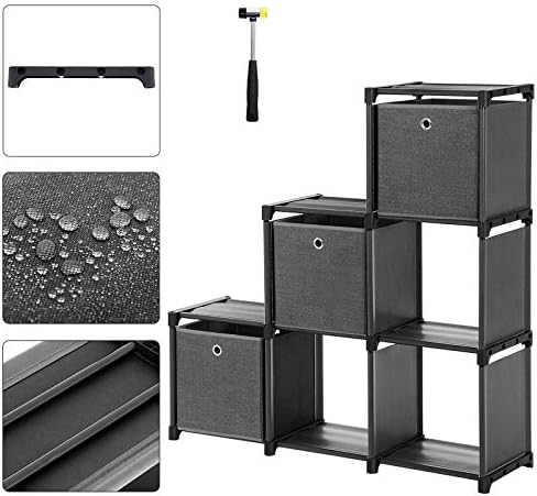 SONGMICS Ladder Storage Unit 6 Cubes with 3 Storage Boxes DIY Closet Organiser Multifunctional with Modular Sturdy Metal Frame Includes Rubber Mallet 105 x 30 x 105 cm (W x D x H) Black LSN23BK