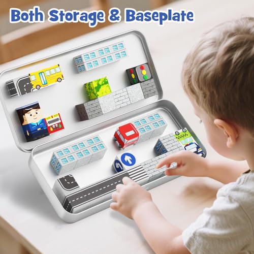 Image of City Traffic Magnetic Blocks Set, 35PCS STEM Toys for Kids Ages 3-8, Travel Building Toys with Carrying Case, Child-Safe with Fully Encased Magnets, Car /Airplane Toddler Toy Birthday
