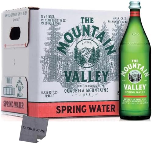 CAMEO Mountain Valley Water, Spring Water, 12 Pack Case Glass Bottle 33.8 Fl Oz | 1 Liter