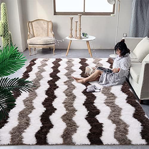 DweIke Super Soft Shaggy Rugs Carpets, 4x6 Feet, Plush Area Rugs for Living Room Bedroom, Fluffy ​Rug for Girls Kids Room, Shag Plush Rug for Teen Room Decor, Stripe Brown