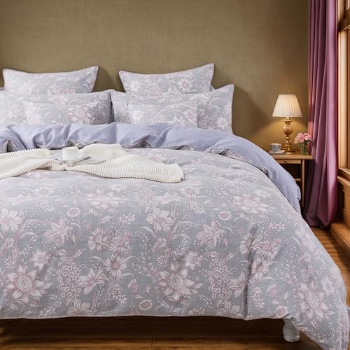 FADFAY Duvet Cover Set Shabby Pink and Grey Floral Quilt Cover Vintage Sunflower Bedding Elegant Summer Bedding 100% Cotton Comforter Cover with Hidden Zipper Closure 3Pcs,King/California King Size