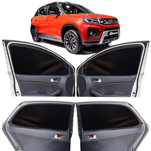 Image of OTO2EYE Car Sun Shade Compatible for Maruti Suzuki Vitara Brezza Model 2020 to 2022, Z-Black Super Magnetic Grip, Front Window Zipper, Side Window Curtains, 4 Pieces Set