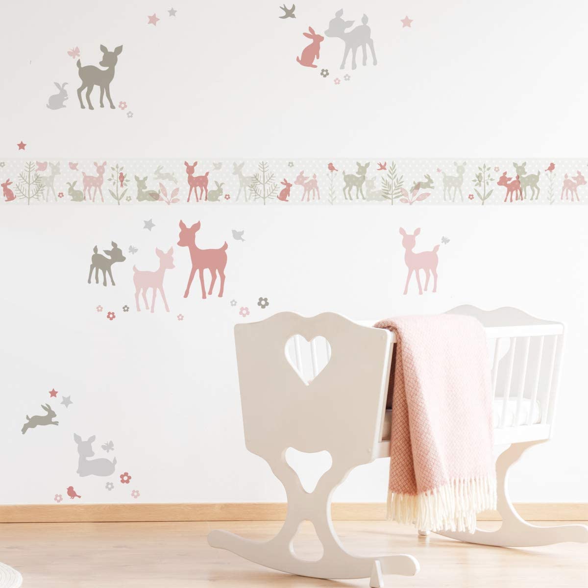 Bordüre selbstklebend HÄSCHEN & REHE APRICOT BEIGE - Wandbordüre Kinderzimmer Babyzimmer mit Hase & Reh Waldtiere - Wandtattoo Schlafzimmer Mädchen – Wanddeko Baby Kinder