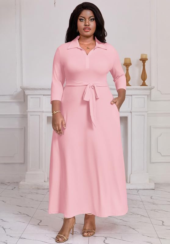 Maxi Dresses for Women Casual V Neck 3/4 Sleeve Long Church Dress Semi Formal Outfits with Pockets - Image 2