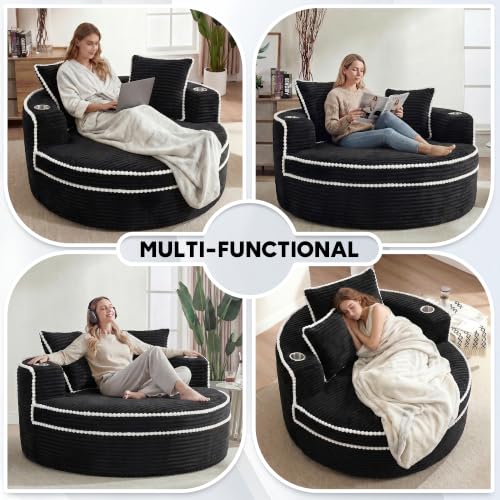 Image of Oversized Round Chair Lounge Chaise Indoor, 54.3 inch Upholstered Corduroy Deep Seat Single Cloud Sofa Chair with Cup Holder, Modern Large Circle Boneless Sleeper Sofa for Living Room, Black