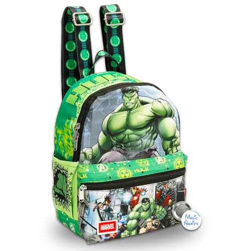 Avengers Mini Backpack - 13 Hulk Backpack with Front Pocket Plus Button for Kids Teens and Women | Avengers Backpack Purse Bundle
