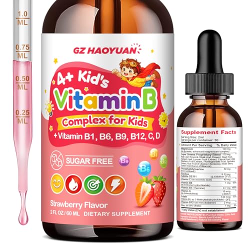 Vitamin B Complex for Kids with B1 B6 B9 B12 & Magnesium Super Greens Kids B Complex Supplement for Brain Support Energy & Focus Digestive Gut & Immune Support Strawberry Flavor 2 fl oz