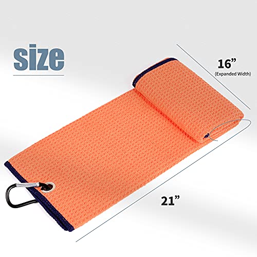 Mile High Life Tri-fold Golf Towel | Premium Microfiber Fabric | Waffle Pattern | with Heavy Duty Carabiner Clip | Golf Towel for Men and Women (Orange)
