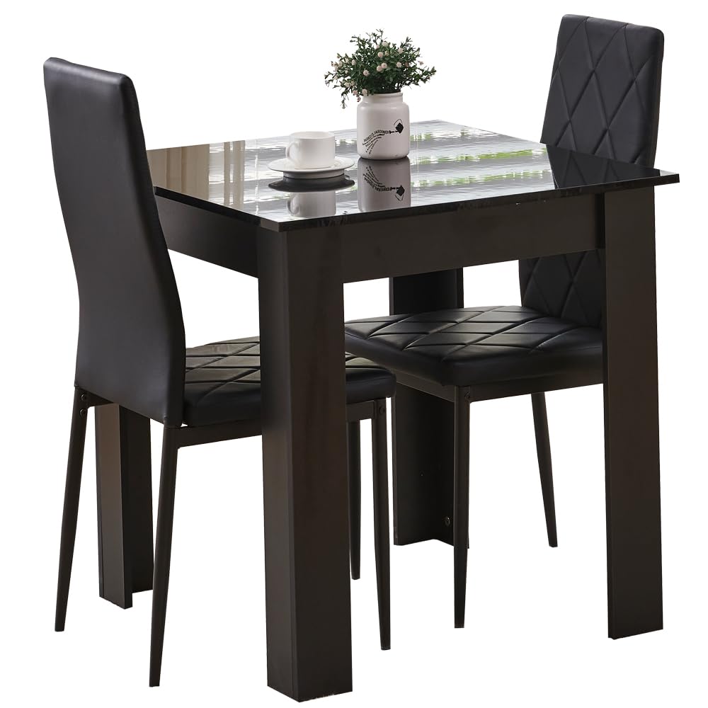 Rainbow Tree Modern 3 Piece Dining Room Table and Chairs Set, Wooden Square Table with 2 Chairs for Small Space Apartment Space Saving (Black Table+2 Black Argyle PU Chair) — image 1